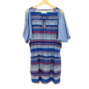 NWOT Artisan de Luxe Cold Shoulder Dress Boho Short Sleeves Blue Sz XS